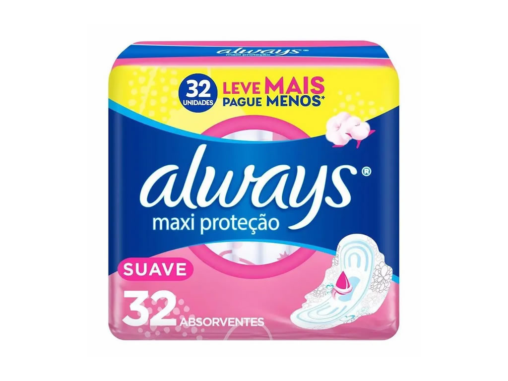 ABSORVENTE ALWAYS MAXI PROTEÇAO SUAVE COM ABAS - 32 ABSORVENTES ABSORVENTE ALWAYS MAXI PROTEÇAO SUAVE COM ABAS - 32 ABSORVENTES